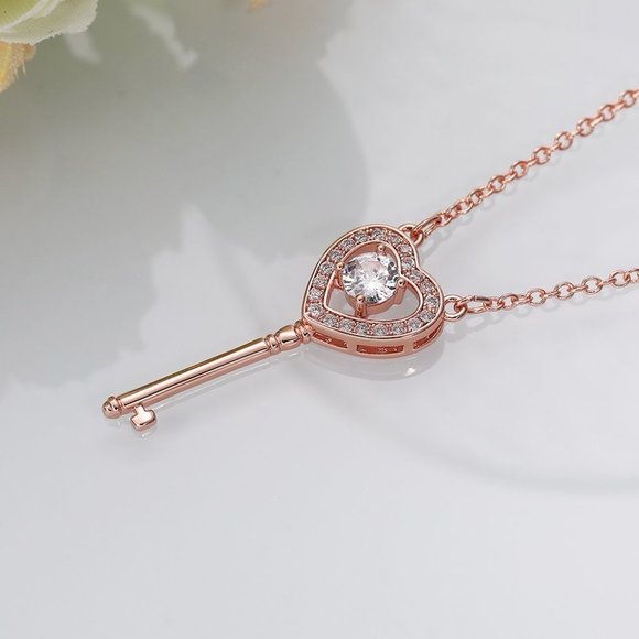 🎁 Key Hollow Heart Zircon Micro Pave Rose Gold Plated Necklace, EVGG1101 - Picture 1 of 9